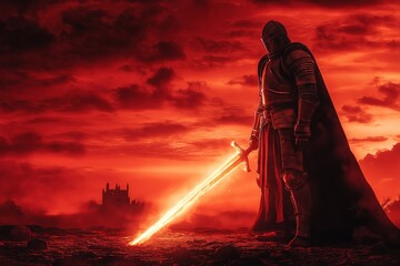 Wall Mural - A knight standing on a battlefield, holding a glowing sword under a crimson sky.