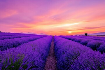 Aufkleber - A lavender field at dusk, glowing purple hues under a golden-pink sky.