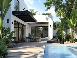 A modern house with a wooden terrace, patio, and swimming pool in the garden of a luxury, contemporary French family home with white walls and black details