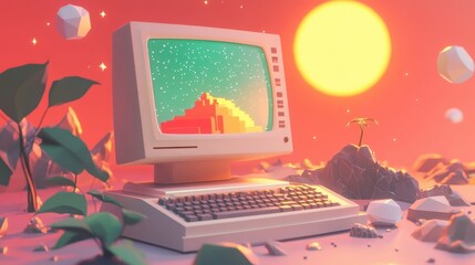 Poster - Retro Computer Sunset Landscape Digital Art