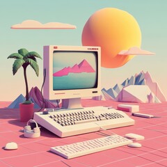 Fototapete - Retro Computer Setup Idyllic Sunset Scene
