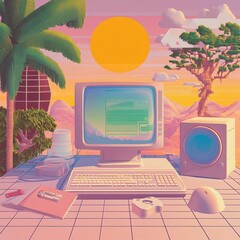 Fototapete - Retro Computer Setup in a Dreamlike Sunset Landscape