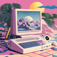 Fototapete - Retro Computer Displaying a Scenic Mountain Landscape