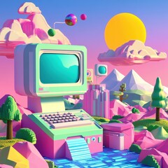 Fototapete - Retro Computer in a Pastel Low Poly Landscape
