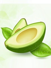 Wall Mural - Creamy Avocado Halves with Leaves - Fresh, ripe avocado slices, symbolizing health, nutrition, vitality, richness, and nature's goodness.  Perfect for healthy recipes and vibrant visuals.