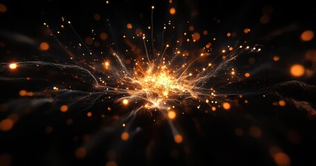 Poster - abstract explosion of golden sparks and light particles on dark background representing energy, crea