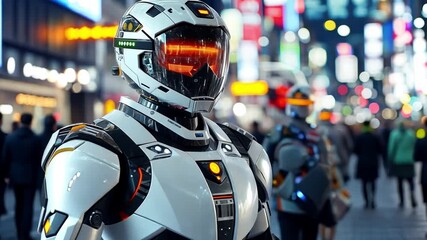 Poster - Robots exploring a bustling neon-lit city street at night