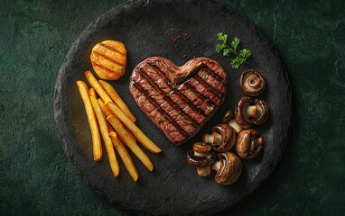 Wall Mural - Romantic Heart-Shaped Steak Dinner with a Side of Crispy Fries, Grilled Mushrooms, and Peppercorn Sauce, Presented on a Dark Slate Plate, Top-Down View