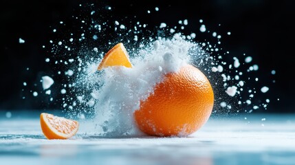 Poster - A colorful shot of an orange bursting apart with its segments flying away, captured in a moment of dynamic action that brings freshness and vibrancy to the image.