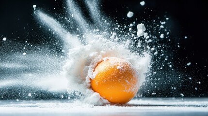 Poster - A dynamic image of an egg bursting with flour, capturing the moment of impact that creates an explosion of texture and visual excitement against a dark background.
