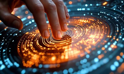 Wall Mural - a hand interacts with a glowing, digital interface, symbolizing technology and innovation.