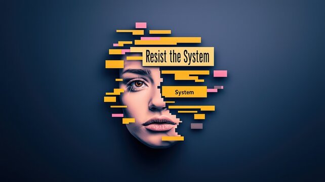resist concept. A stylized face with text overlay promoting resistance against societal norms.