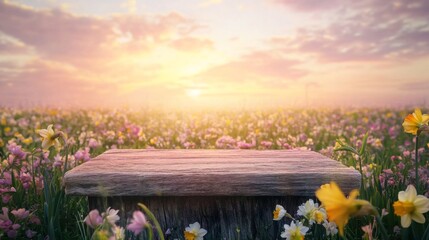 Poster - A wooden podium stands at the center of a flower-filled meadow during springtime, surrounded by colorful blooms. The setting is illuminated by the warm glow of a sunset, creating a serene atmosphere.