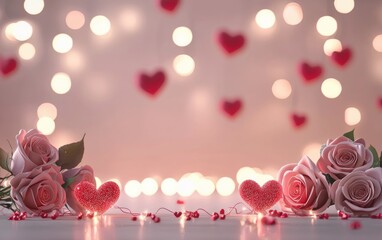 Wall Mural - Romantic Valentines Day setup with heart-shaped decorations, roses, and a soft blurred background with space for text