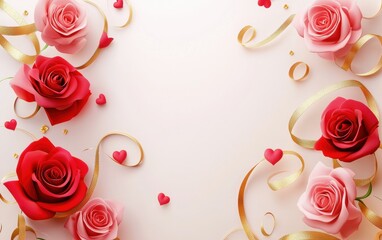 Wall Mural - Romantic Valentines Day, 8 March, and International Womens Day background with elegant pink and red roses, golden ribbons, and a blank space for personalized text