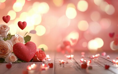 Wall Mural - Romantic Valentines Day setup with heart-shaped decorations, roses, and a soft blurred background with space for text