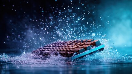 Poster - An exquisite image capturing a keyboard submerged in water, with dramatic splashes creating an artistic and dynamic scene that emphasizes technology and innovation.