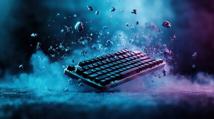 Poster - An abstract image of a keyboard appearing to float amid colorful splashes and particles, effectively capturing a sense of motion and creativity intertwined with technology.