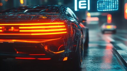 Poster - Innovative autonomous vehicle navigating a neon lit futuristic cityscape at night, tail lights glowing brightly and symbolizing the future of transportation