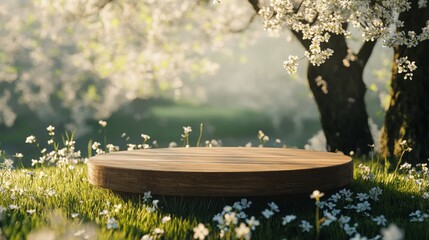 Leinwandbilder - A wooden podium is placed on lush green grass, surrounded by blooming white flowers and flowering trees. Sunlight filters through the branches, creating a serene atmosphere in a spring setting.
