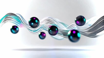 Poster - Dynamic waves and floating spheres create a captivating visual experience in a modern setting