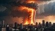 © Monster - Un enorme tornado ardiente o un vórtice de llamas y energía arremolinándose sobre un paisaje urbano, con rascacielos y edificios al fondo