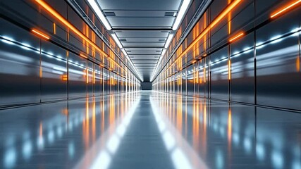 Poster - Futuristic hallway with glowing lights and reflective surfaces in high-resolution quality