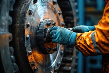 Poster - Industrial worker repairing heavy machinery with wrench in factory
