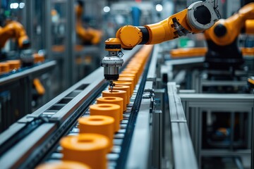 Leinwandbilder - robotic arm working on conveyor belt in factory