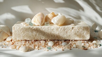 Aufkleber - A tranquil arrangement showcases various seashells and polished crystals delicately placed on a textured stone. The soft light enhances the colors, creating a serene atmosphere