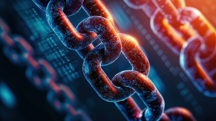 Poster - Abstract visualization of blockchain data with interconnected chains, symbolizing security and technology