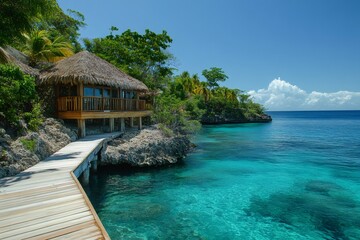 Wall Mural - Wooden bungalow overlooking turquoise tropical ocean with pier access