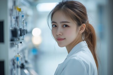 Leinwandbilder - Young female scientist working in modern laboratory with advanced equipment