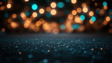 Poster - Shimmering particles on the ground reflect light from vibrant blue and orange bokeh at night