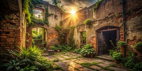 Wall Mural - Mysterious Hidden Courtyard Behind Ancient Brick Wall - Architectural Stock Photo