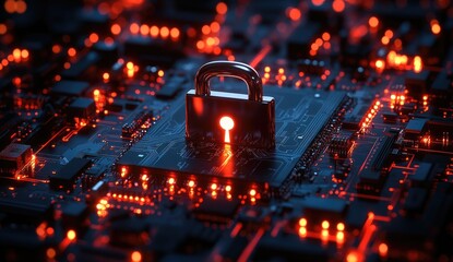 Leinwandbilder - Close-up of a metallic padlock on a dark circuit board with glowing red lights. The image conveys themes of cybersecurity and data protection.  High-tech digital security concept.  Red and black