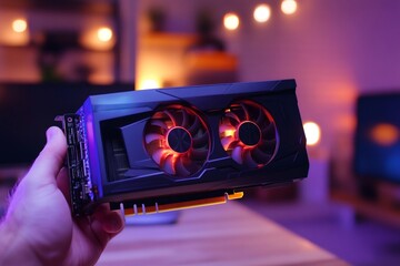 Poster - Technician holding powerful graphics card in ambient lighting