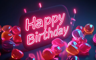 Wall Mural - of Happy Birthday Created with Glowing Jelly Candies on a Dark Neon Background, Fun and Playful Aesthetic