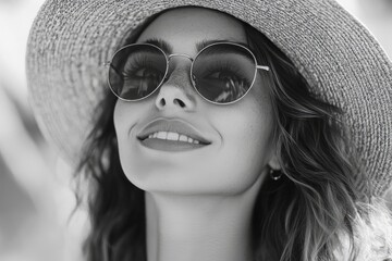 Poster - Beautiful smiling woman wearing sunglasses and summer hat is enjoying summer sun