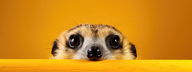 Curious meerkat peeking over yellow surface against orange background. Funny animal portrait for wildlife day, zoo advertising