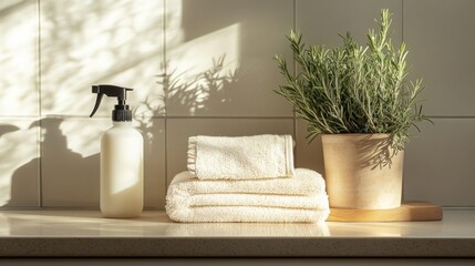 Fototapete - Soft sunlight illuminates a tidy workspace featuring a spray bottle, neatly folded towels, and a potted plant. The arrangement evokes a fresh and organized atmosphere ideal for spring cleaning.