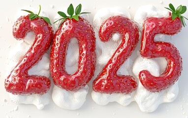 Wall Mural - 2025 Designed from Fresh Strawberries and Whipped Cream Isolated on a White Background