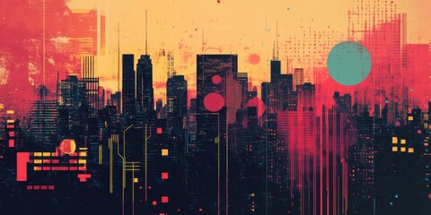 Poster - Abstract Cityscape at Sunset with Digital Overlay