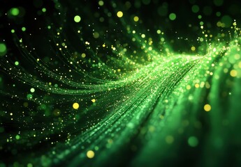 Poster - luminous green waves of light with sparkling particles and dynamic flow, capturing a magical atmosph