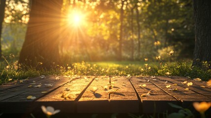 Aufkleber - Sunlight streams through the trees during a beautiful spring morning, casting a warm glow on a wooden podium covered with small flowers. The peaceful forest setting enhances the inviting atmosphere.