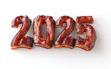 Wall Mural - 2025 Designed with Sweet and Tangy BBQ Ribs Arranged in a Pattern Isolated on a White Background