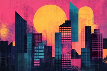 Poster - Abstract Cityscape at Sunset Vibrant Colors Geometric Design
