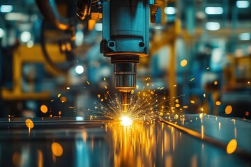 Aufkleber - Industrial laser cutting metal and producing sparks in a factory