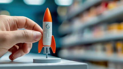 hand adjusting miniature toy rocket on display shelf, showcasing creativity and playfulness