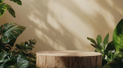 Aufkleber - A round wooden podium is surrounded by vibrant green plants, creating a serene setting. The warm spring sunlight casts gentle shadows, highlighting the emerging ideas in artificial intelligence.